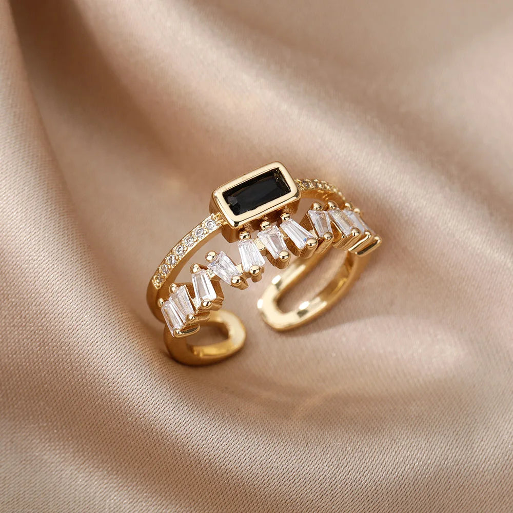 Classic Green Irregular Double Layer Zircon Rings For Women Stainless Steel Gold Plated Wedding Open Finger Ring Free Shipping