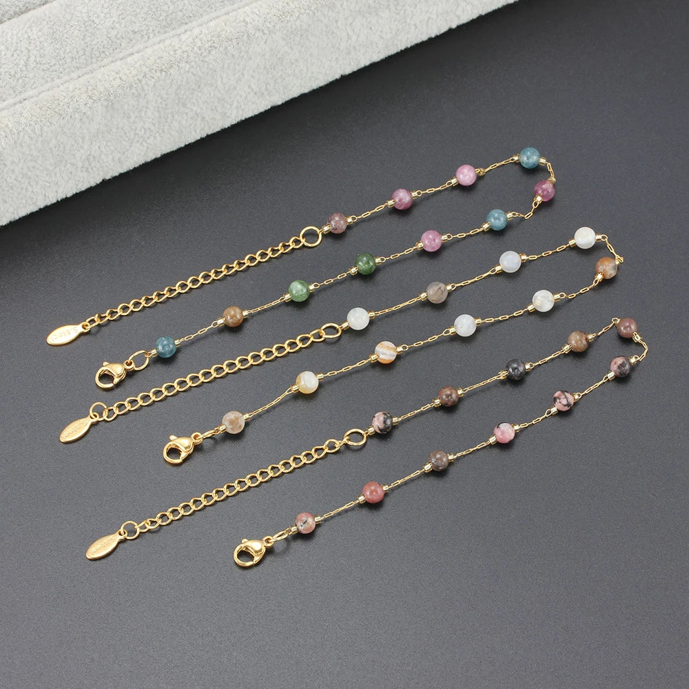Natural Stone Stainless Steel Crystals Bead Chain Bracelets For Women Gold Color Ladies Ankle Bracelet Jewelry 7-9 Inch