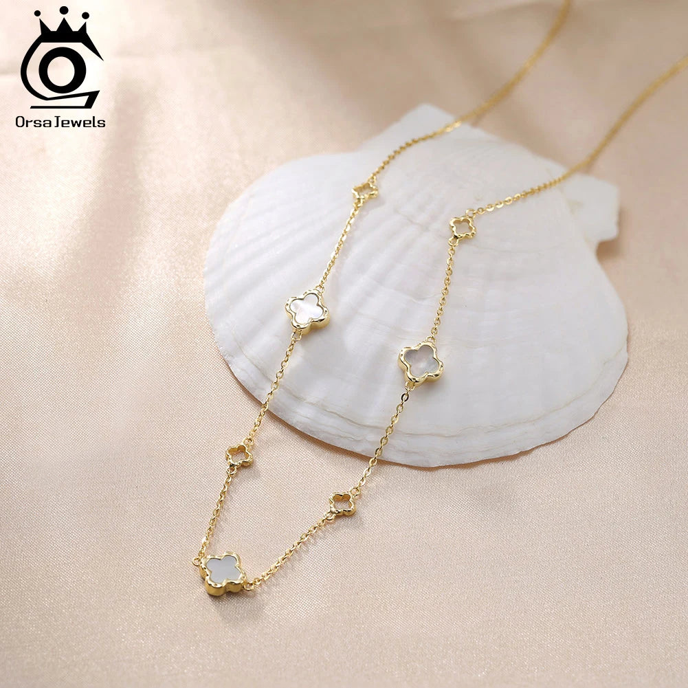 ORSA JEWELS Hollow Clover Luxury Chain Necklace Banquet Party Gift 925 Silver Four Flowers Clover Neck Jewelry Accessories GMN61
