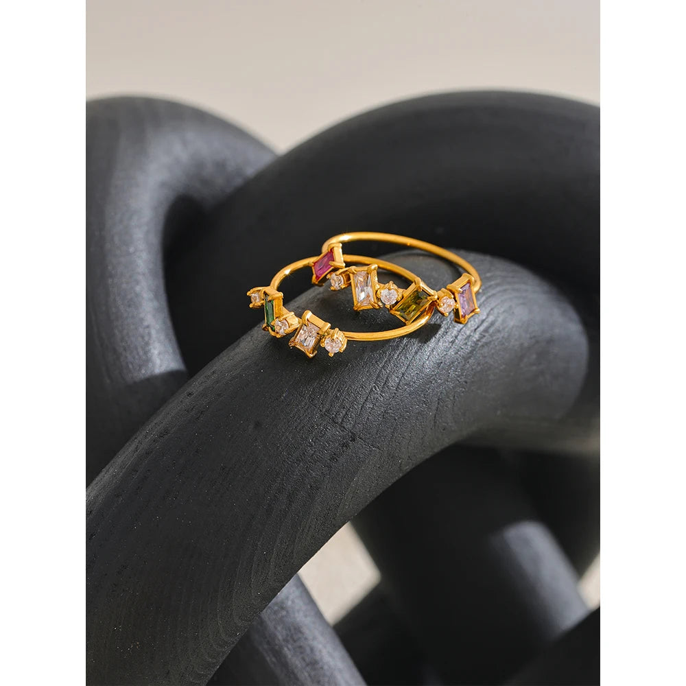 Yhpup Chic Bling Colorful Cubic Zirconia Thin Fashion Ring Waterproof Stainless Steel Trendy Exquisite Finger CZ Jewelry