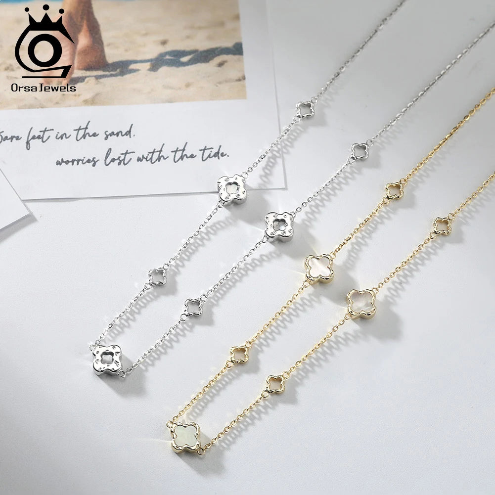 ORSA JEWELS Hollow Clover Luxury Chain Necklace Banquet Party Gift 925 Silver Four Flowers Clover Neck Jewelry Accessories GMN61