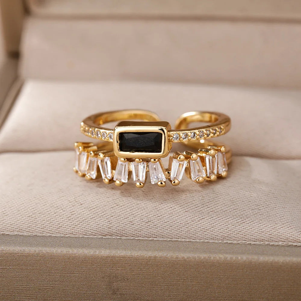 Classic Green Irregular Double Layer Zircon Rings For Women Stainless Steel Gold Plated Wedding Open Finger Ring Free Shipping