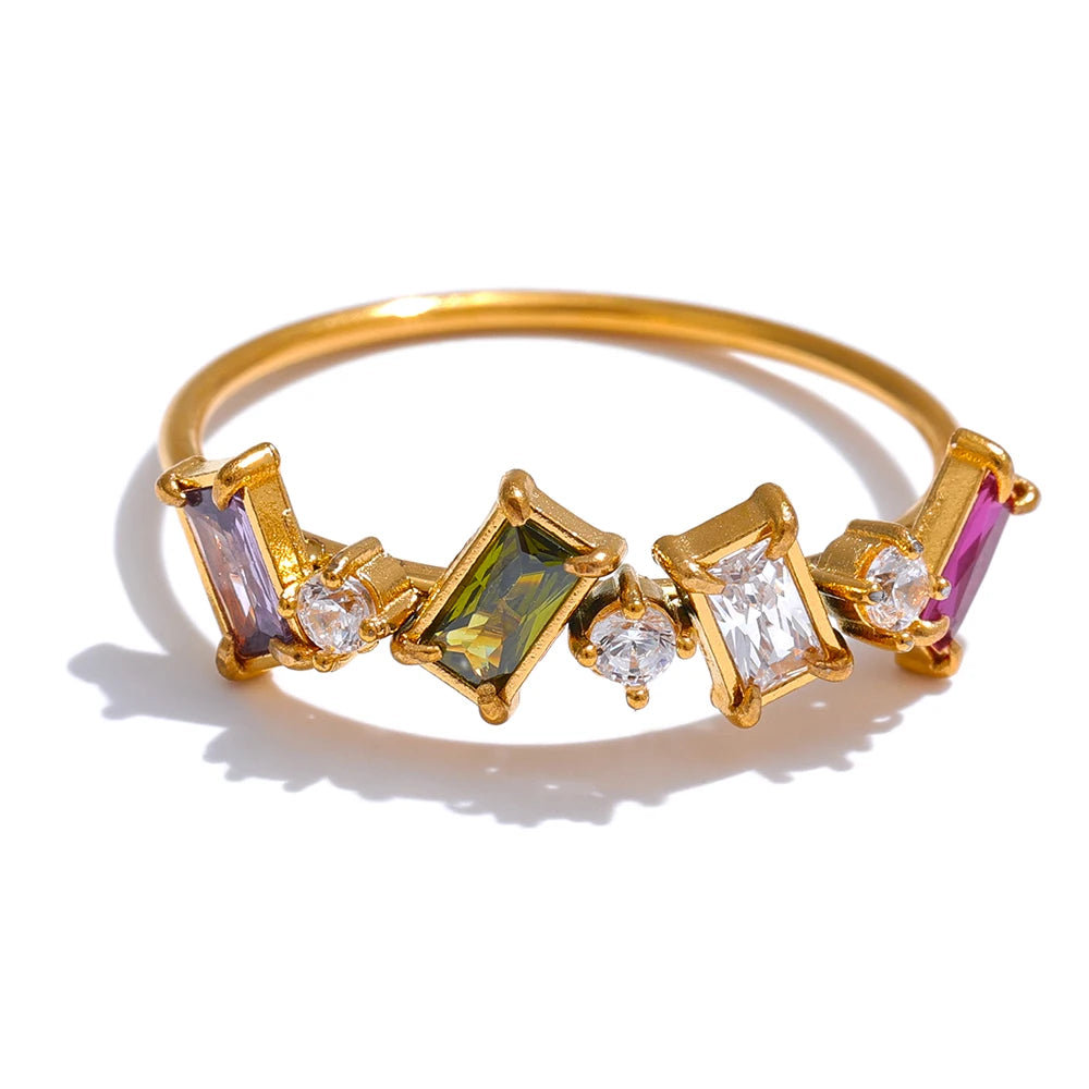 Yhpup Chic Bling Colorful Cubic Zirconia Thin Fashion Ring Waterproof Stainless Steel Trendy Exquisite Finger CZ Jewelry