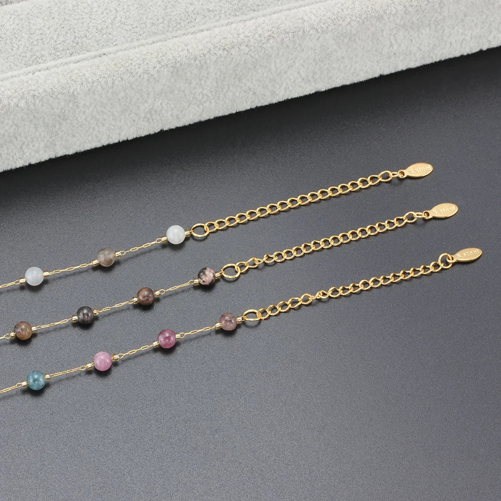 Natural Stone Stainless Steel Crystals Bead Chain Bracelets For Women Gold Color Ladies Ankle Bracelet Jewelry 7-9 Inch