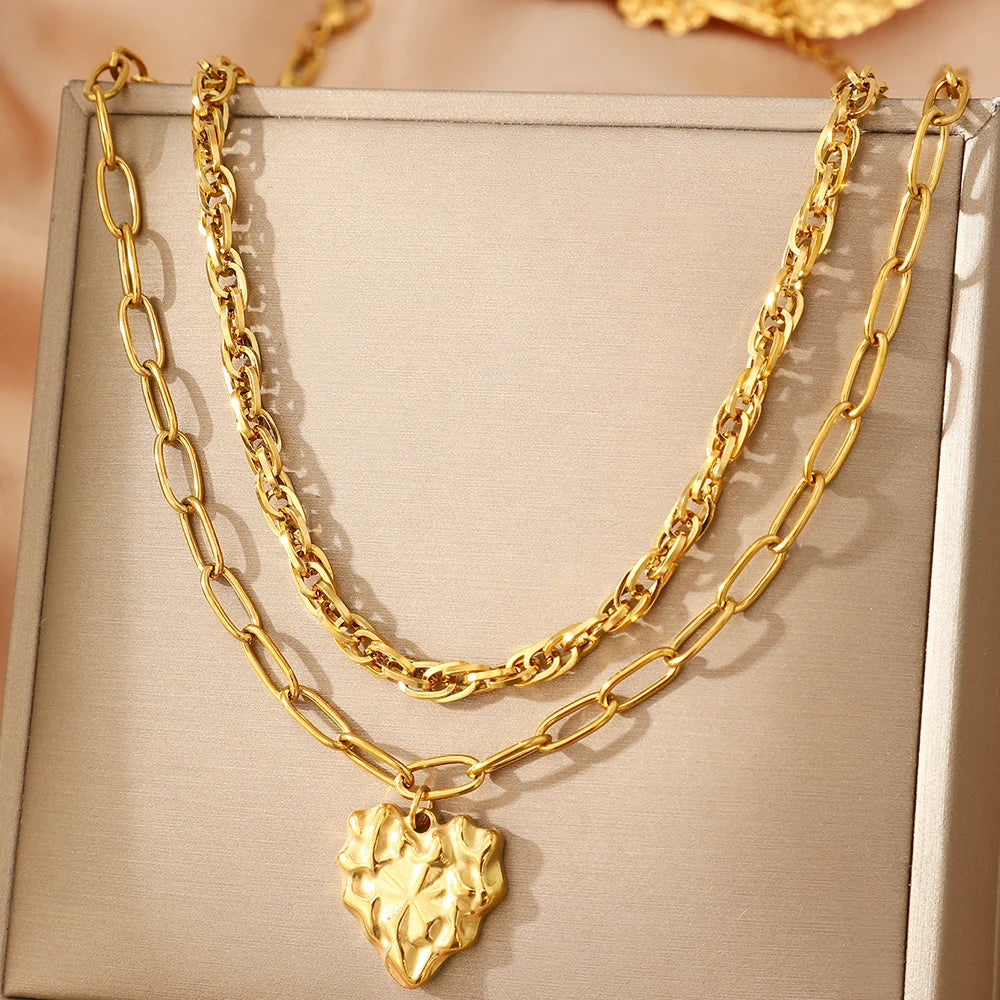 Stainless Steel Necklace Irregular Heart Two Layers Stacked Collarbone Chain Women's Light Luxury High Jewelry Party Matching