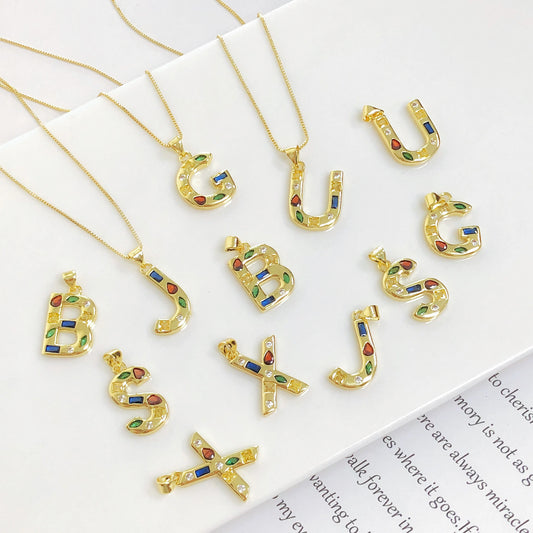 High Quality Gold Plating Initial Necklace Letter A-Z Colorful Zircon 26 Initial Pendant For Women Men stainless steel Jewelry