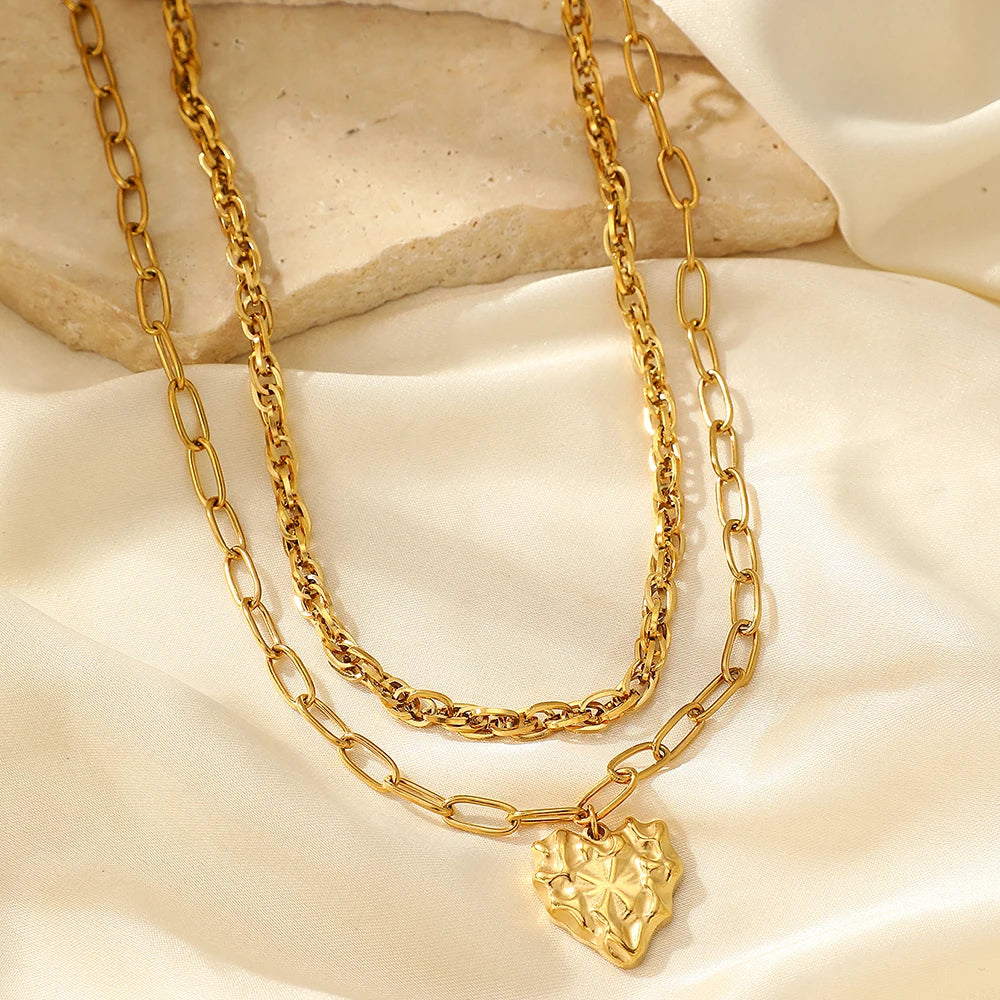 Stainless Steel Necklace Irregular Heart Two Layers Stacked Collarbone Chain Women's Light Luxury High Jewelry Party Matching