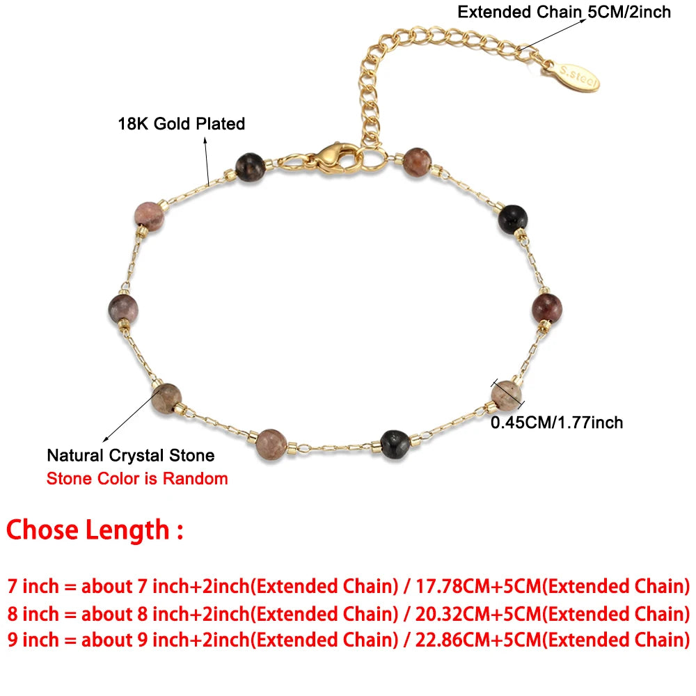 Natural Stone Stainless Steel Crystals Bead Chain Bracelets For Women Gold Color Ladies Ankle Bracelet Jewelry 7-9 Inch