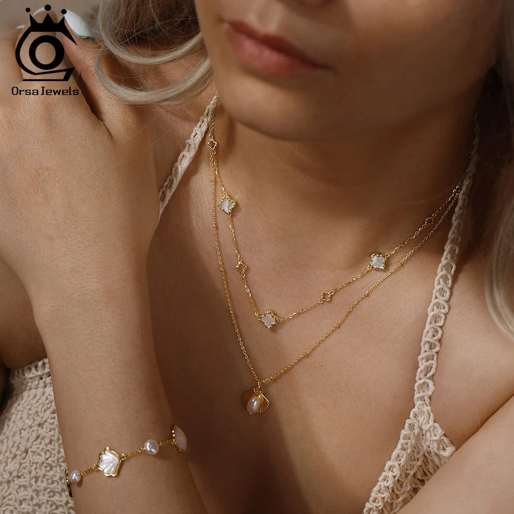 ORSA JEWELS Hollow Clover Luxury Chain Necklace Banquet Party Gift 925 Silver Four Flowers Clover Neck Jewelry Accessories GMN61