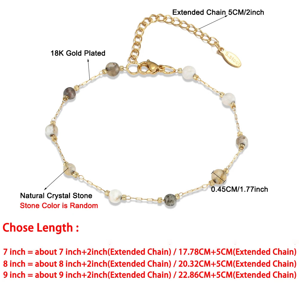 Natural Stone Stainless Steel Crystals Bead Chain Bracelets For Women Gold Color Ladies Ankle Bracelet Jewelry 7-9 Inch