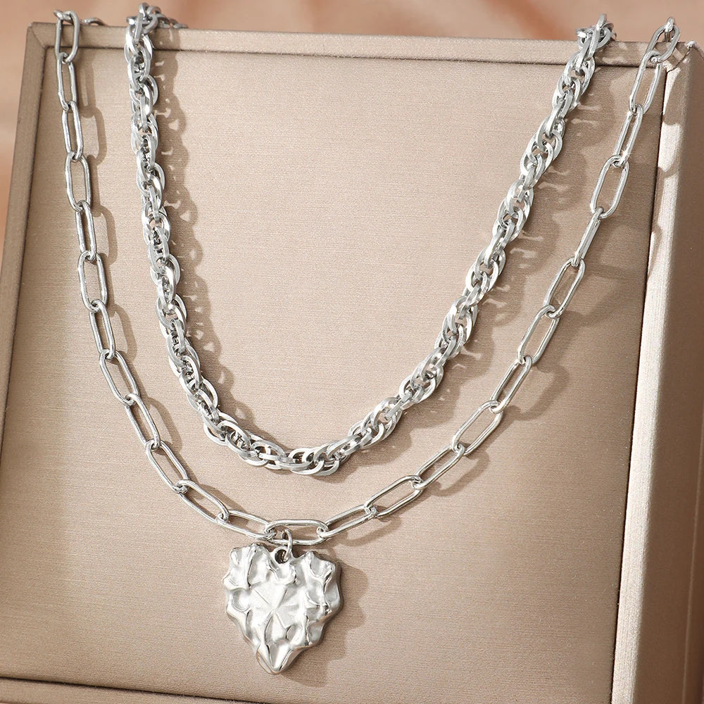 Stainless Steel Necklace Irregular Heart Two Layers Stacked Collarbone Chain Women's Light Luxury High Jewelry Party Matching