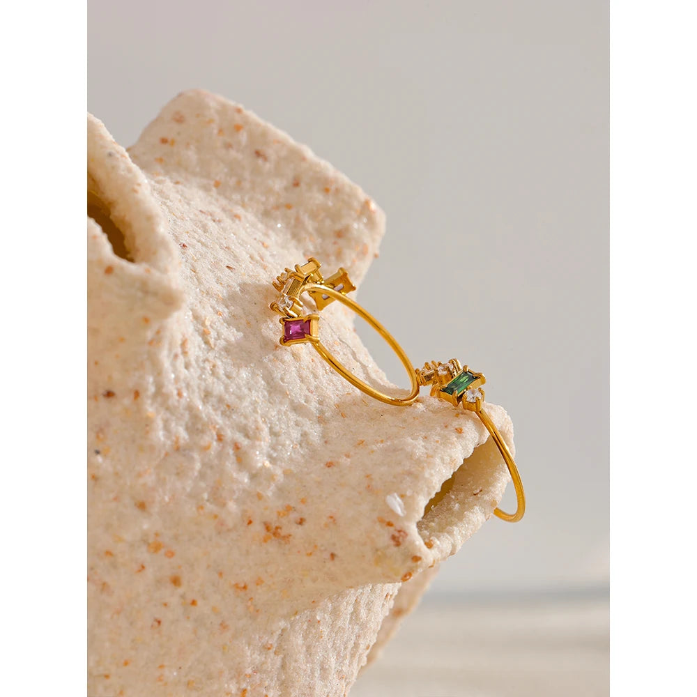Yhpup Chic Bling Colorful Cubic Zirconia Thin Fashion Ring Waterproof Stainless Steel Trendy Exquisite Finger CZ Jewelry