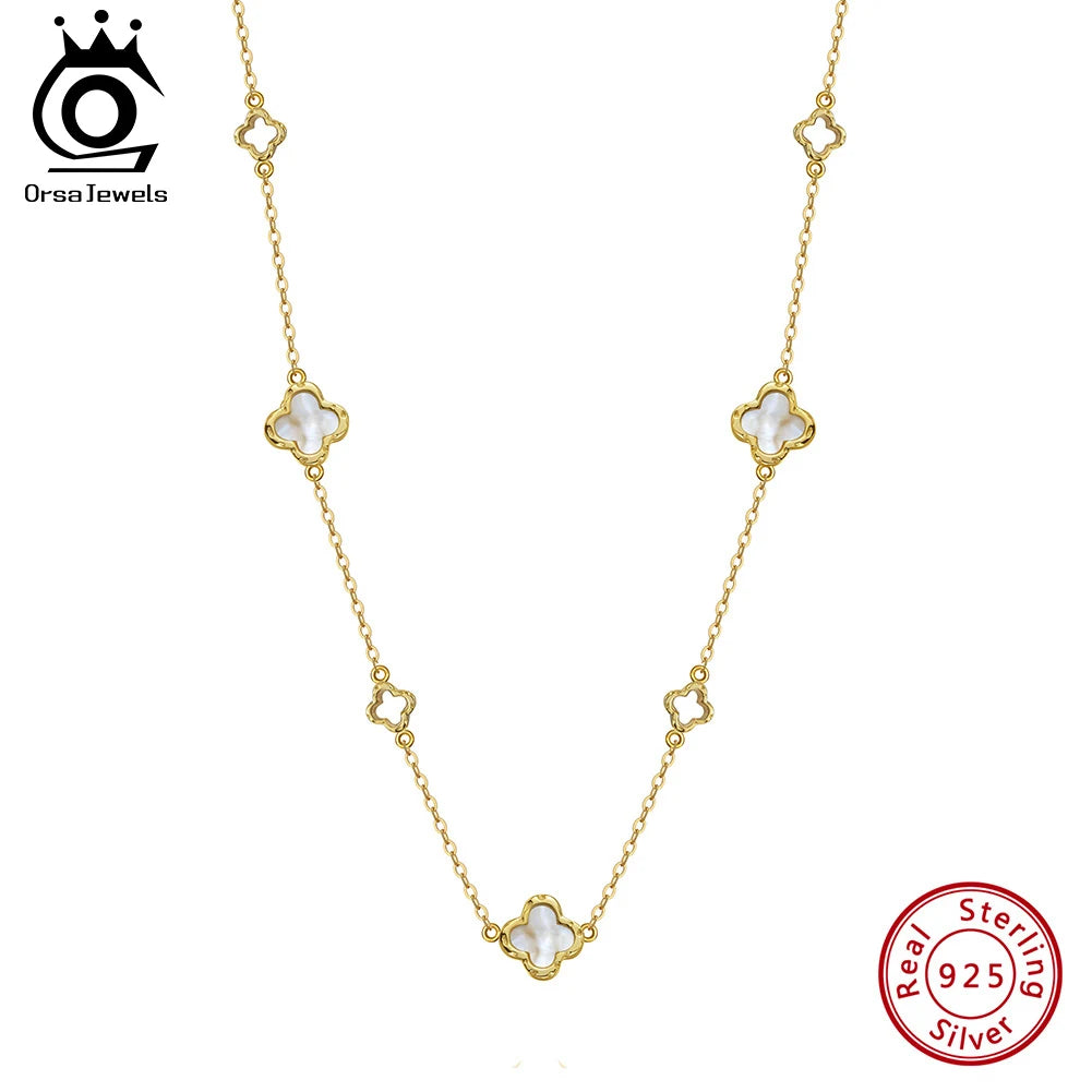 ORSA JEWELS Hollow Clover Luxury Chain Necklace Banquet Party Gift 925 Silver Four Flowers Clover Neck Jewelry Accessories GMN61