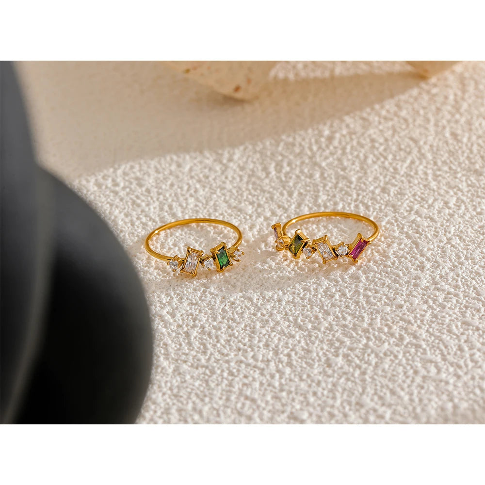 Yhpup Chic Bling Colorful Cubic Zirconia Thin Fashion Ring Waterproof Stainless Steel Trendy Exquisite Finger CZ Jewelry