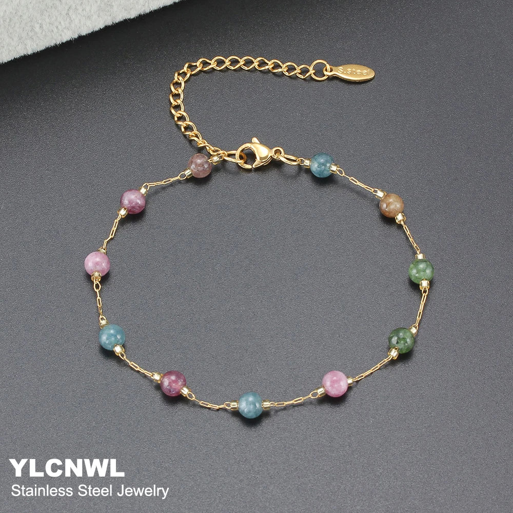 Natural Stone Stainless Steel Crystals Bead Chain Bracelets For Women Gold Color Ladies Ankle Bracelet Jewelry 7-9 Inch