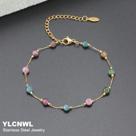 Natural Stone Stainless Steel Crystals Bead Chain Bracelets For Women Gold Color Ladies Ankle Bracelet Jewelry 7-9 Inch