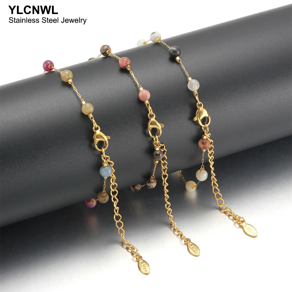 Natural Stone Stainless Steel Crystals Bead Chain Bracelets For Women Gold Color Ladies Ankle Bracelet Jewelry 7-9 Inch