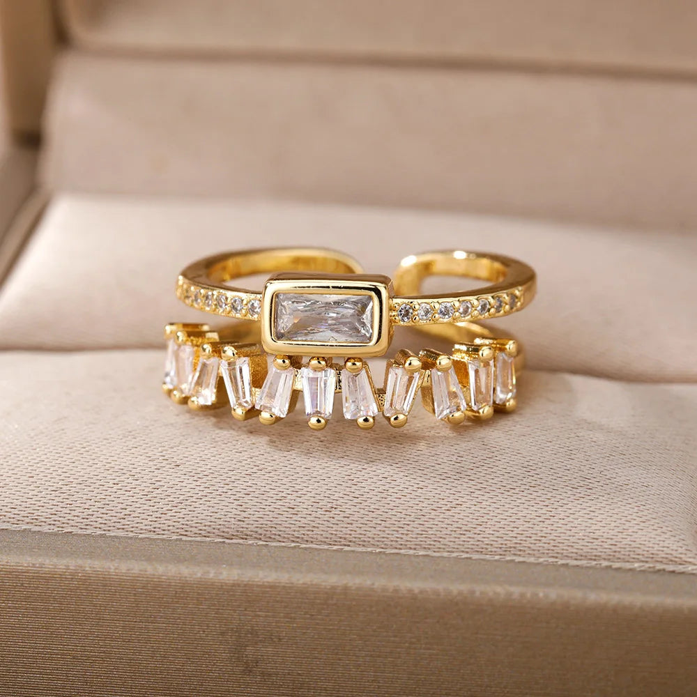 Classic Green Irregular Double Layer Zircon Rings For Women Stainless Steel Gold Plated Wedding Open Finger Ring Free Shipping