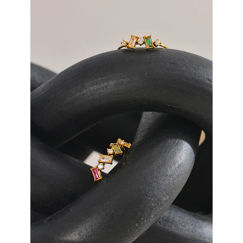 Yhpup Chic Bling Colorful Cubic Zirconia Thin Fashion Ring Waterproof Stainless Steel Trendy Exquisite Finger CZ Jewelry
