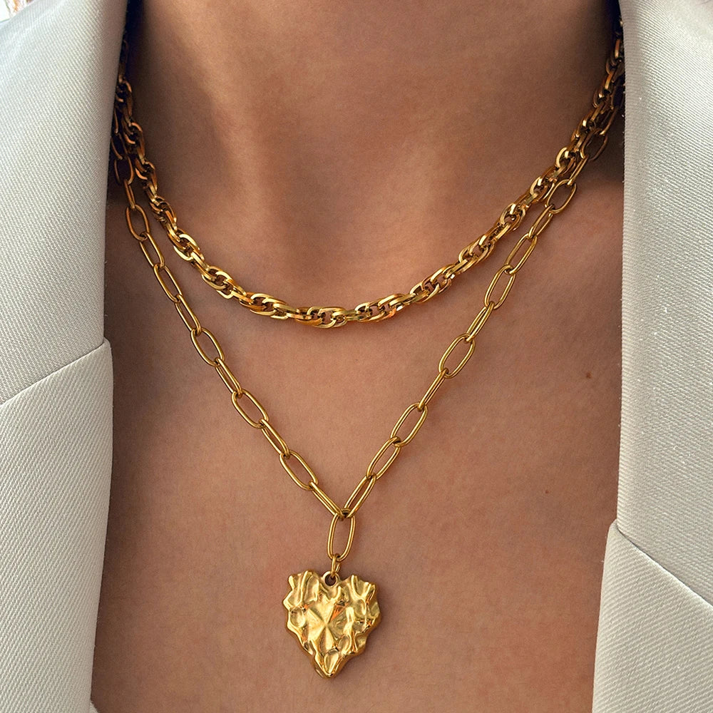 Stainless Steel Necklace Irregular Heart Two Layers Stacked Collarbone Chain Women's Light Luxury High Jewelry Party Matching