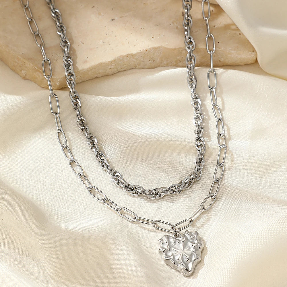 Stainless Steel Necklace Irregular Heart Two Layers Stacked Collarbone Chain Women's Light Luxury High Jewelry Party Matching