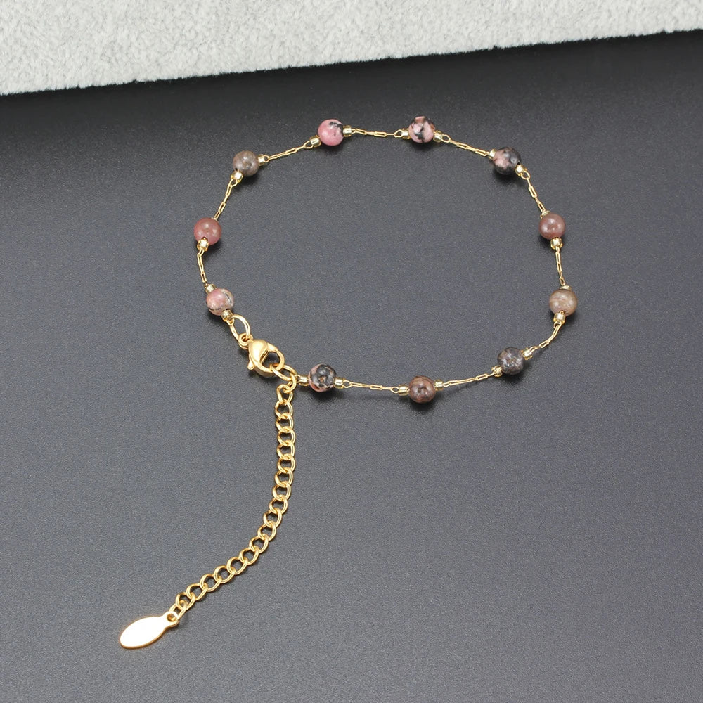 Natural Stone Stainless Steel Crystals Bead Chain Bracelets For Women Gold Color Ladies Ankle Bracelet Jewelry 7-9 Inch