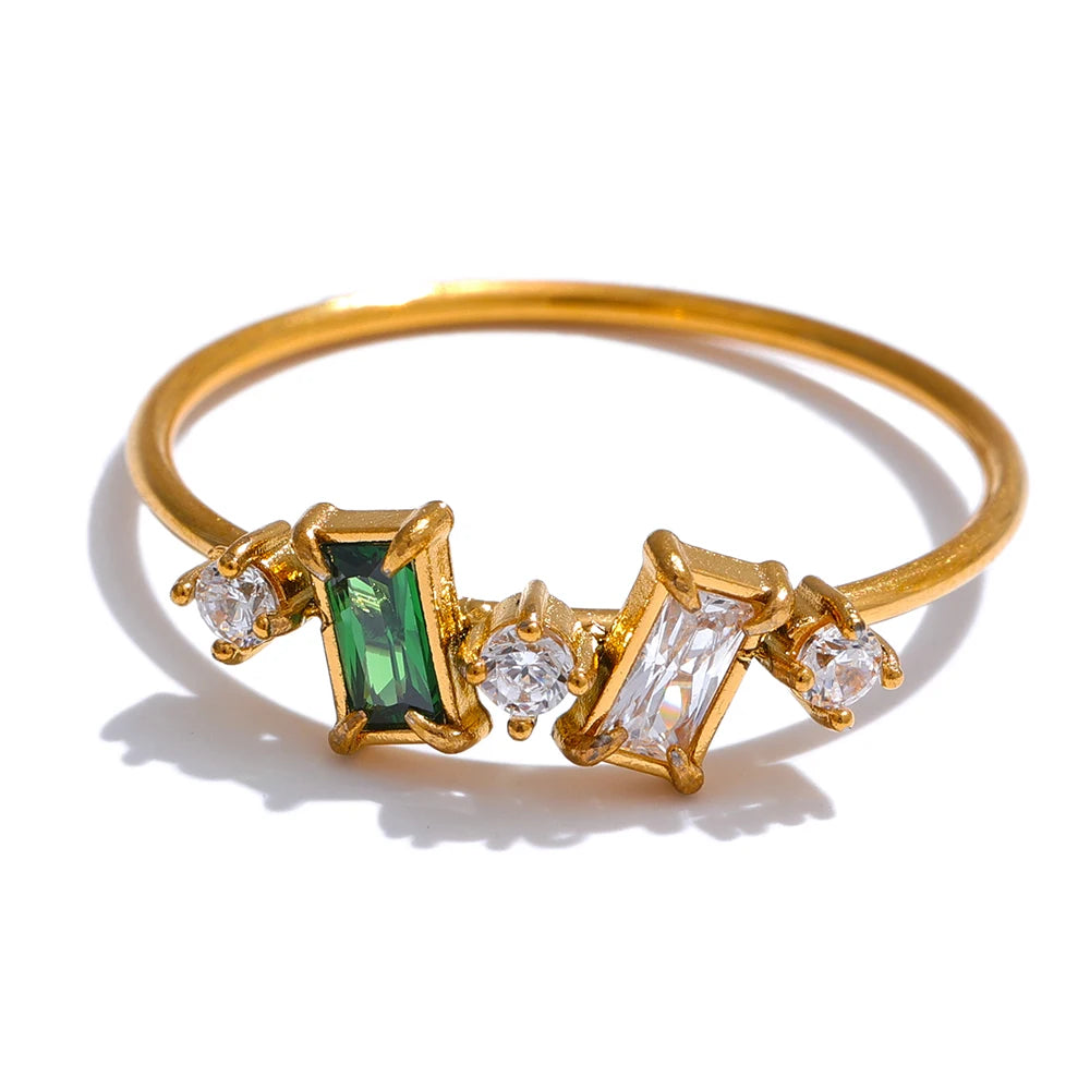 Yhpup Chic Bling Colorful Cubic Zirconia Thin Fashion Ring Waterproof Stainless Steel Trendy Exquisite Finger CZ Jewelry